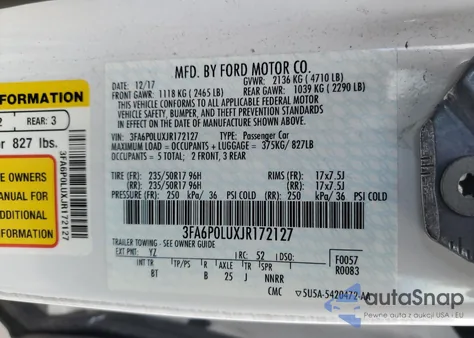 2018 Ford Fusion Se Hybrid z USA, uszkodzony, nr VIN 3FA6P0LUXJR172127